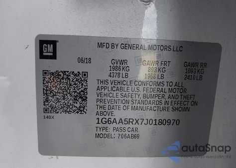 2018 Cadillac Ats Standard из США, поврежденный, VIN 1G6AA5RX7J0180970